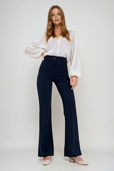 VAGGON Women's Navy Blue High Waist Front Loose Wide Leg Lycra Trousers Vgn-X9979