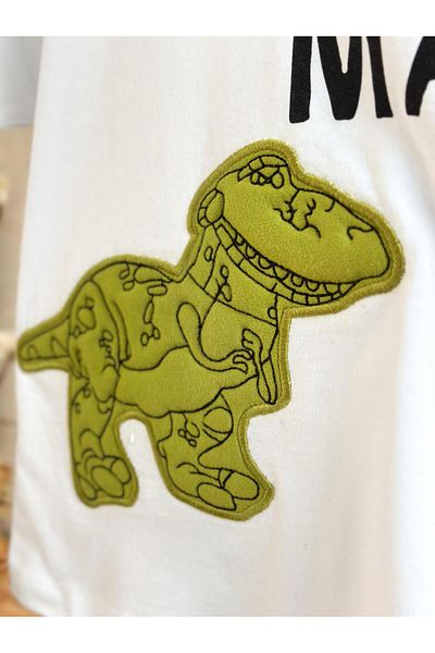 Magu Boys Cotton White Dinosaur Patterned T-Shirt and Green Sweatpants Set - Little Man Slogan