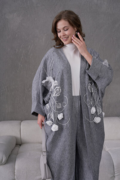 Miss Allos Women's Front Embroidered Rose Flower and Stone Embroidered Linen Kimono Cardigan and Pants Bottom Top Set