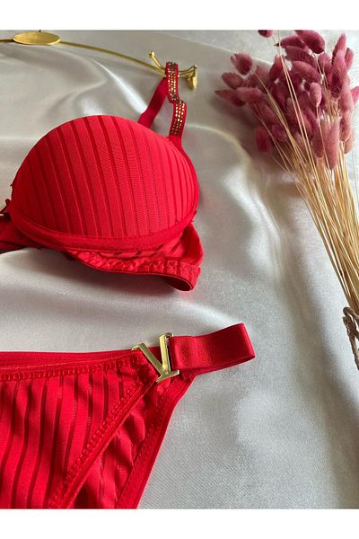 NİVENE Supported V Detail Black Women's Underwear Set Bra Set