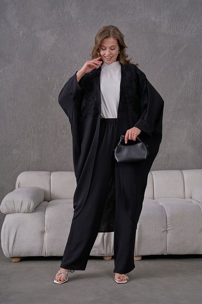 Miss Allos Set de cardigan și pantaloni din kimono brodat floral cu mărgele din tul pentru femei