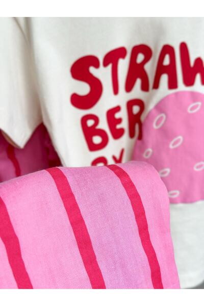Magu Girl's Cotton Ecru Strawberry Patterned T-Shirt and Pink Striped Bermuda Set - Strawberry Slogan