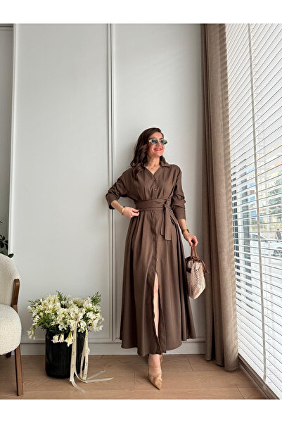 My Blog Коричнева плісирована сукня з детальним поясом - 2272