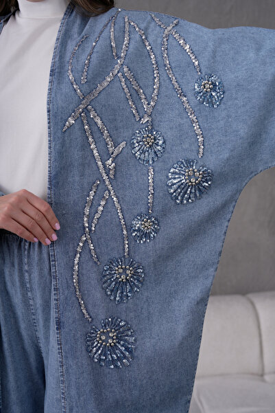 Miss Allos Kadın Önü Pul Payet Nakışlı Taş Ve İnci Detaylı Kot Kimono Hırka Ve Kot Pantolon Alt Üst Takım