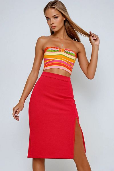 VAGGON Women's Fuchsia Slit Back Zipper Midi Skirt Vgn-X10714