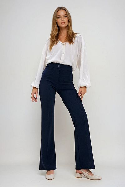 VAGGON Women's Navy Blue High Waist Front Loose Wide Leg Lycra Trousers Vgn-X9979
