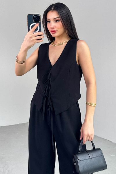 Cappmoda TKM-03710 سترة سوداء مربوطة بخيط الخصر سراويل فضفاضة مرنة مجموعة من قطعتين