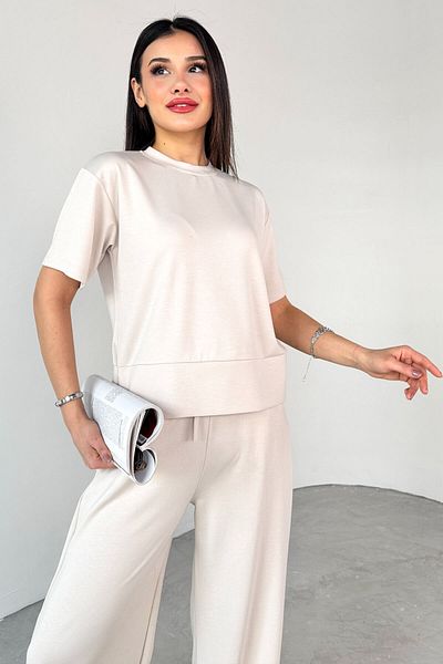 Cappmoda Tkm-13255 Stone Color Half Sleeve Blouse Pipe Leg Trousers Double Set