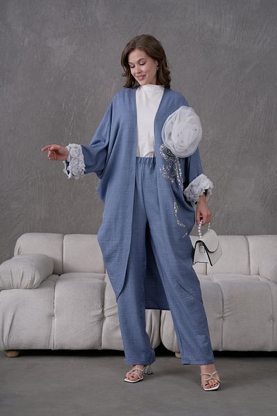 Miss Allos Women's Front Sequin Sequin Embroidered Flower and Stone Embroidered Linen Kimono Cardigan and Pants Bottom Top Set