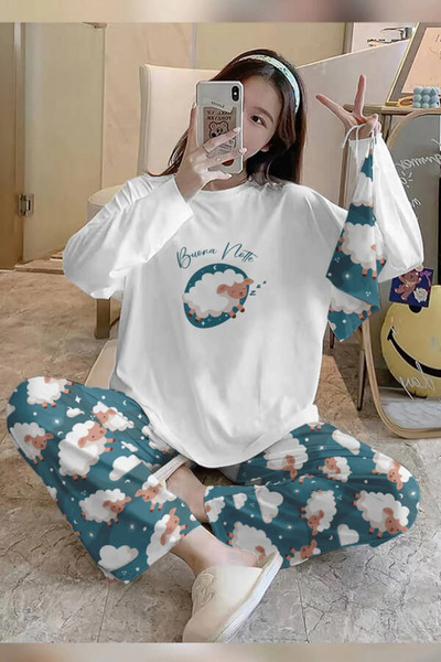 PEMBİŞ HOMEWEAR Bahd Sheep White Long Pajamas Set