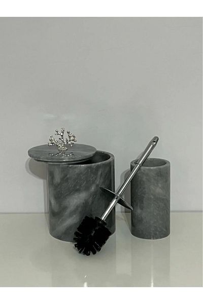 ege gross Gray Marble Bath Set 2 Pcs-Marble Dustbin and Brush
