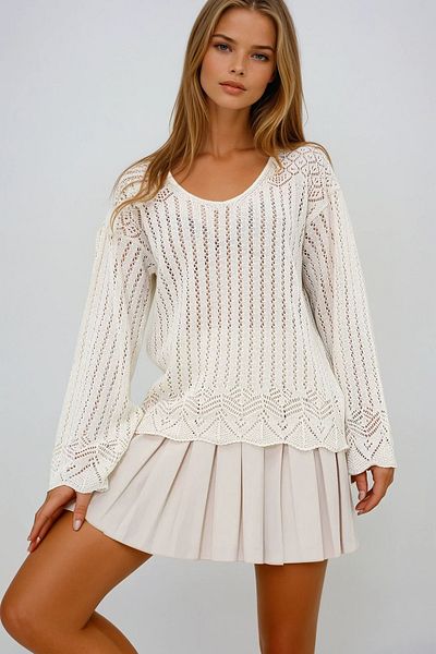 VAGGON Women's Vanilla Boat Neck Openwork Summer Knitwear Blouse Vgn-X10640