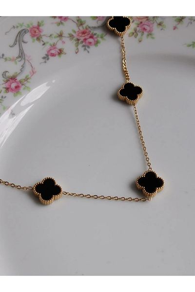 Reorah Collection Five Flower Patterned Black Steel Necklace