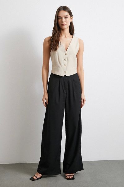 Never more High Waist Elastic Waist Wide Leg Trousers Black