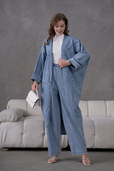 Miss Allos Women's Sequin Embroidered Denim Kimono Cardigan and Trouser Top Set