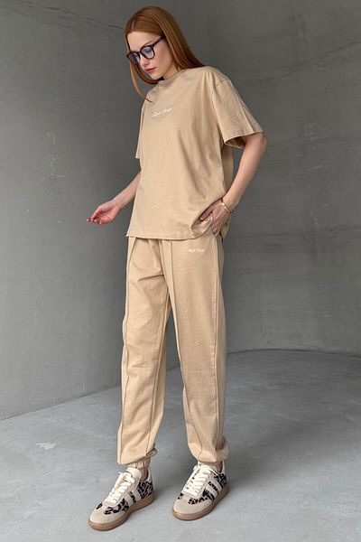 Cappmoda TKM-0051 Σετ δύο τεμαχίων με ελαστικό παντελόνι με γραπτό μπλουζάκι με αλλαγή στυλ βιζόν