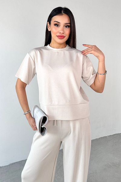 Cappmoda Tkm-13255 Stone Color Half Sleeve Blouse Pipe Leg Trousers Double Set
