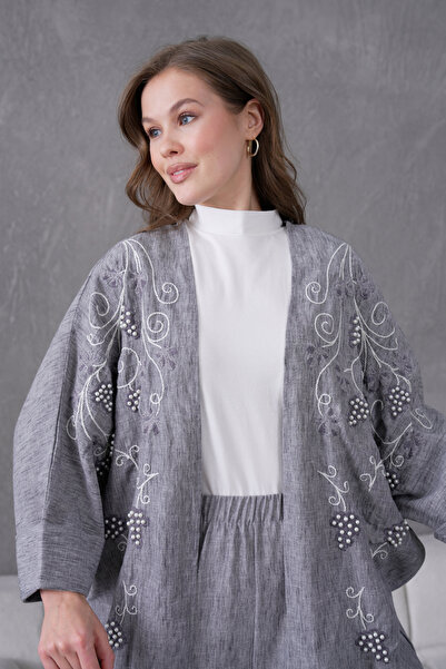 Miss Allos Women's Front Embroidered Pearl Detailed Linen Kimono and Pant Bottom Top Set