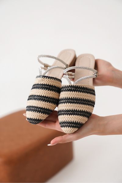 Moda Değirmeni Papuci / Sandale pentru femei cu dungi bej-negru MD1080-123-0006