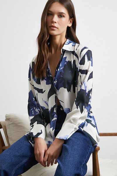 Never more Navy Blue Satin Surface Patterned Shirt