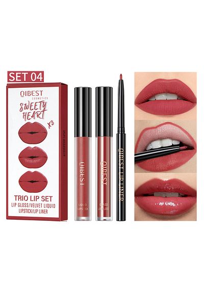 QIBEST Lip Line, Mirror Light Lipstick, Matte Lipstick 3pcs Set 04