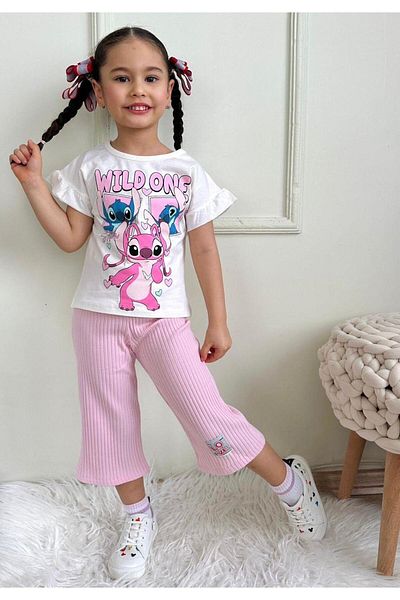 LİLLYPİCCA Girl Character Patterned Gathered Sleeve Ribbed Wide Leg Trousers 2Plik Set