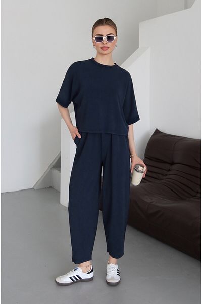 Laluvia Navy Blue Washed Crew Neck Modal Suit - 8559