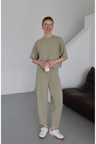 Laluvia Mint Washed Modal-Anzug mit Rundhalsausschnitt – 8559