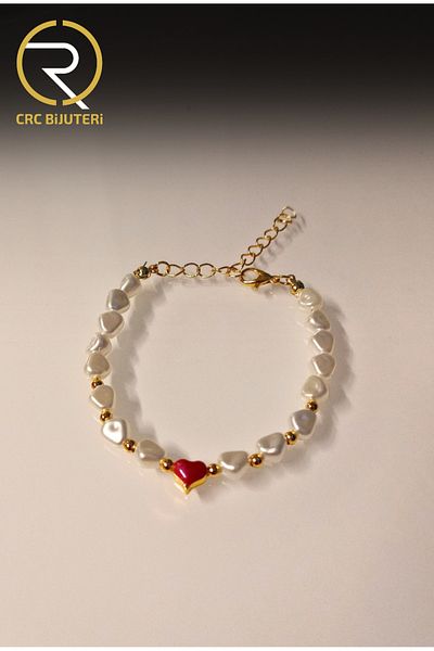 Crc Bijuteri Enameled Heart Baroque Pearl Bracelet