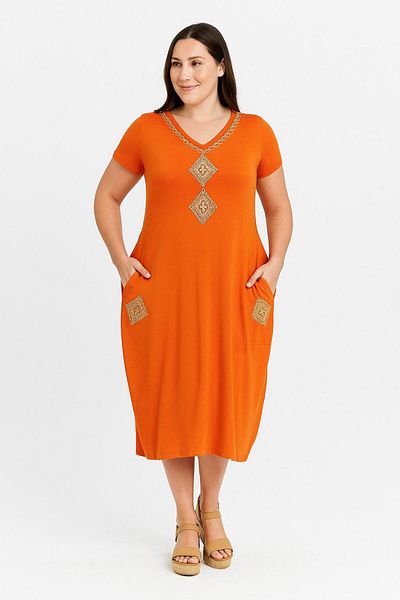 Ebsumu Women's Plus Size Diamond Embroidery Detail Orange Dress