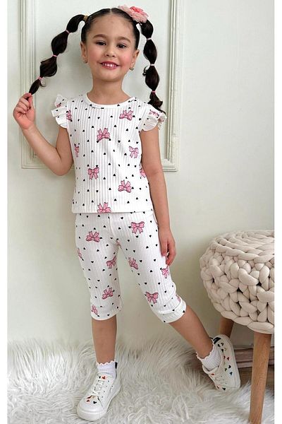LİLLYPİCCA Girl's Heart Bow Ribbed Stretchy Capri Suit