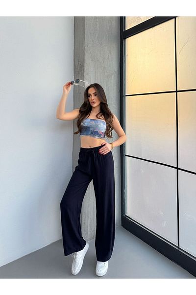 Ozy Fashion بنطلون بالازو ذو أرجل واسعة ورباط مطاطي باللون الأزرق الداكن VISCOS-444