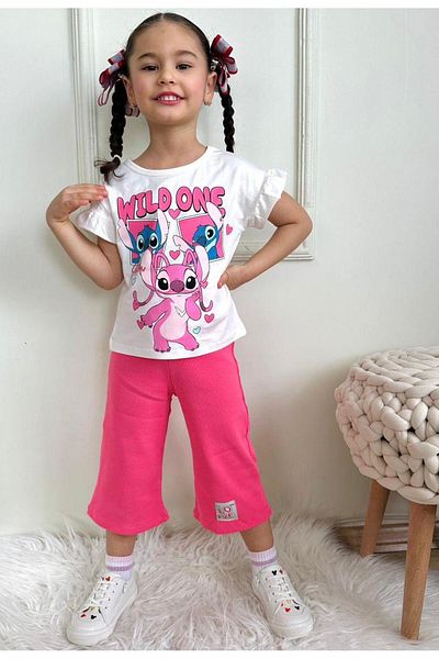 LİLLYPİCCA Girl Character Patterned Gathered Sleeve Ribbed Wide Leg Trousers 2Plik Set
