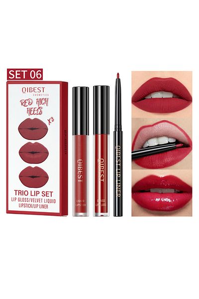QIBEST Lip Line, Mirror Light Lipstick, Matte Lipstick 3pcs Set 06