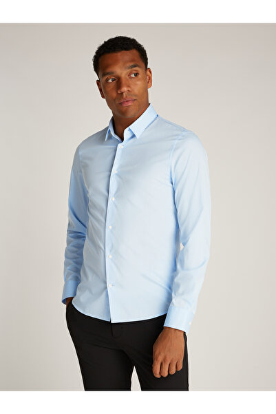 Calvin Klein Calm Blue Men Poplin Stretch Slim Long Sleeve Shirt