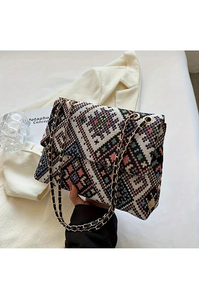 ÇANTA Vip Polyester Lined Metal Chain Strap Geometric Pattern Black Color Weighted Shoulder Bag
