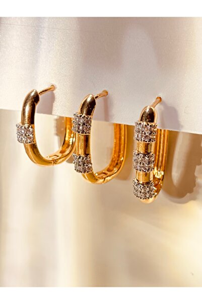 WisstoriaCollections Rose Renk 3 lü Beyaz Zirkon Taşlı Oval VİP Küpe