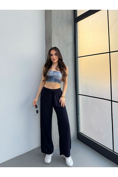 Ozy Fashion بنطلون بالازو ذو أرجل واسعة ورباط مطاطي باللون الأزرق الداكن VISCOS-444