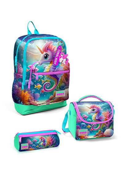 Coral High Set de 3 genți de școală cu model de caiac albastru verde apă pentru copii SET0123772