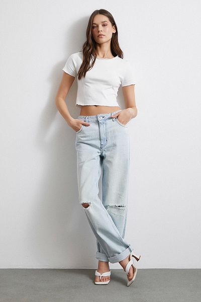 Never more High Waist Leg Folded Ripped Detailed Jean Ice Blue