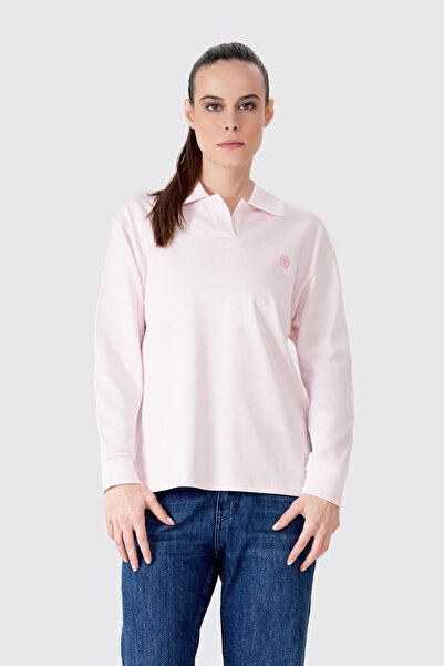 UNIQVIBE Polo Yaka %100 Organik Pamuk Pembe Kadın Uzun Kollu Tişört