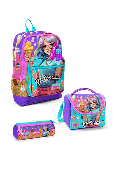 Coral High Set de 3 genți de școală pentru copii, liliac, turcoaz, înghețată și model anime SET0123773