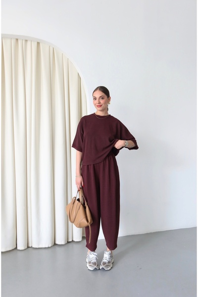 Laluvia Claret Red Washed Crew Neck Modal Suit - 8559