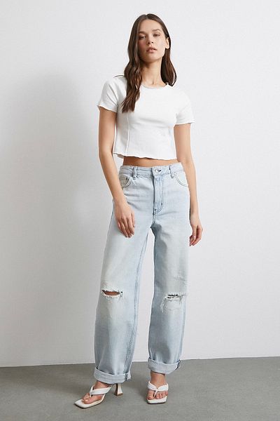 Never more High Waist Leg Folded Ripped Detailed Jean Ice Blue