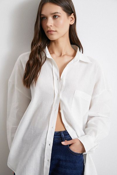 Never more Oversize Linen Shirt with Pockets Ecru Color