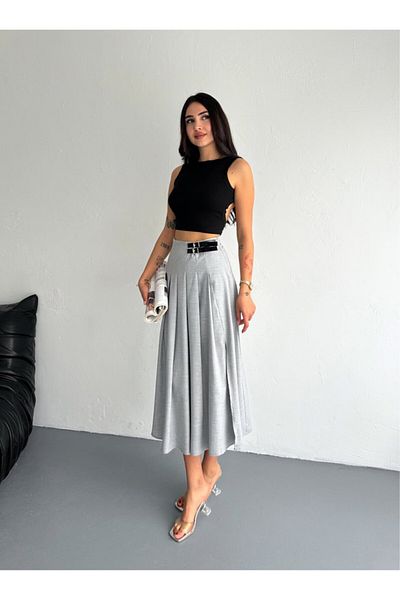 DeChival Skirt-Fold Long Skirt with Buckle and Slit /Max Long Skirt