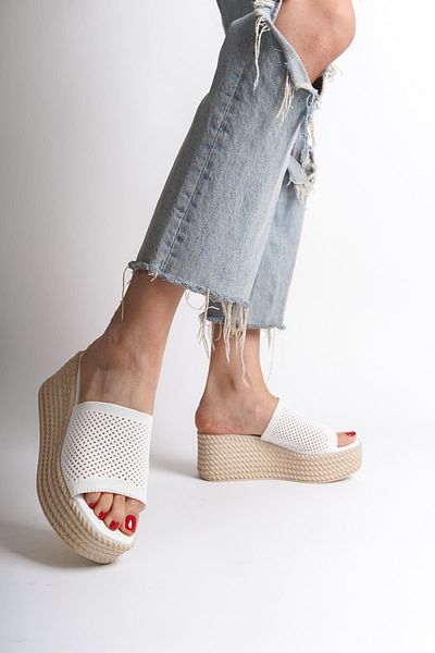 Zerenyus Mosina Wedge Heeled Orthopedic Sole Ψάθινο Πλεκτό Λευκές Γυναικείες Παντόφλες
