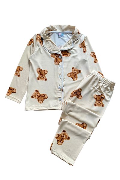 Şekerkids Girl's 100% Cotton Cream Teddy Bear Patterned Shirt Collar Buttoned Long Sleeve Seasonal Pajama Set