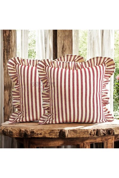 Sister Home Design Red Line Linen Throw Pillow Cover 2-Piece Ruffled