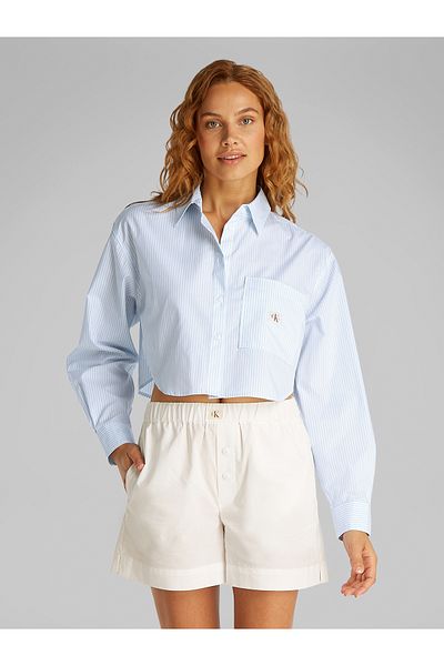 Calvin Klein Brilliant White & Blue Stripe Women Woven Label Cropped Long Sleeve Shirt